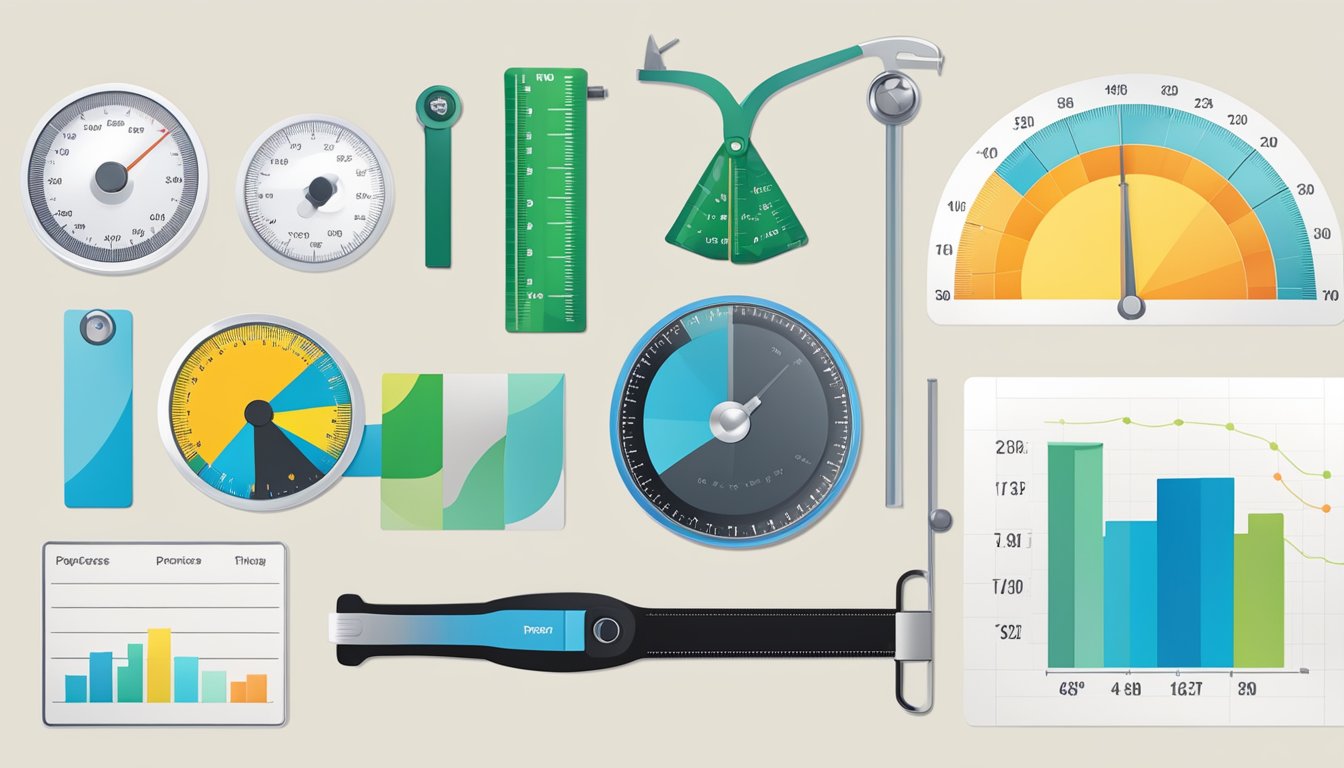 A variety of measuring tools and charts displayed, including a tape measure, body fat calipers, and a graph showing progress over time