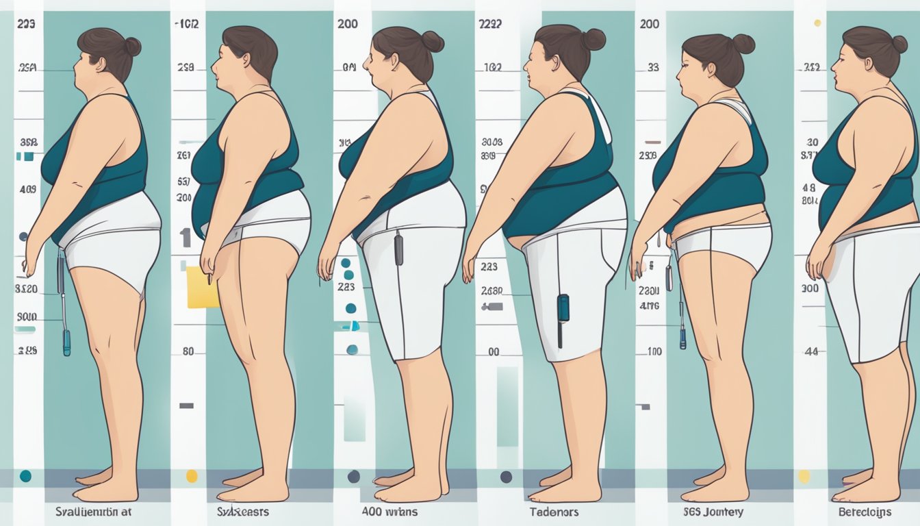 A person's weight loss journey depicted through a timeline of daily injections of Saxenda, with an emphasis on the long-term effects and adjustments over the course of a year