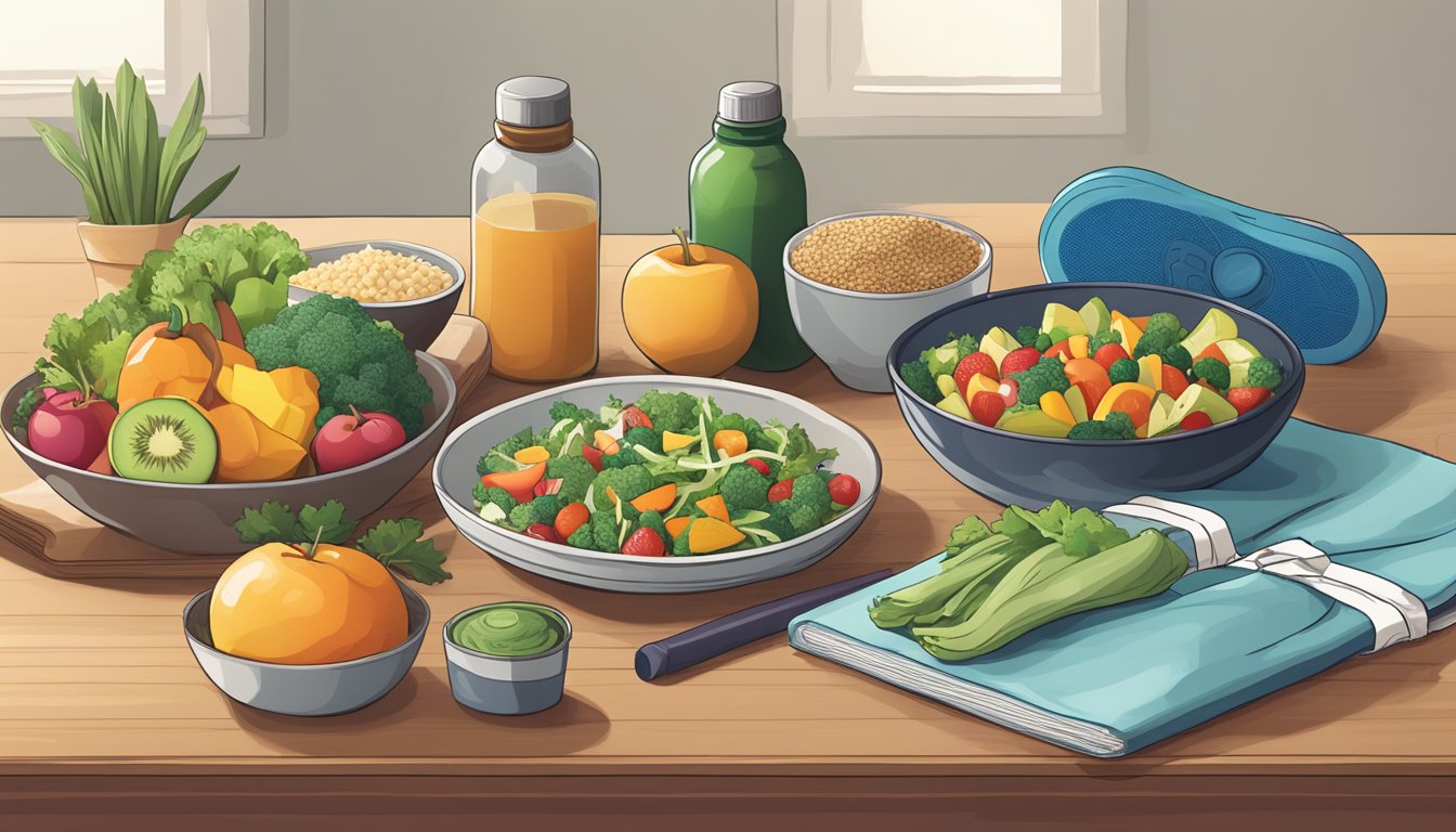 A table with a variety of healthy foods and a bottle of Ozempic displayed next to a pair of running shoes and a yoga mat