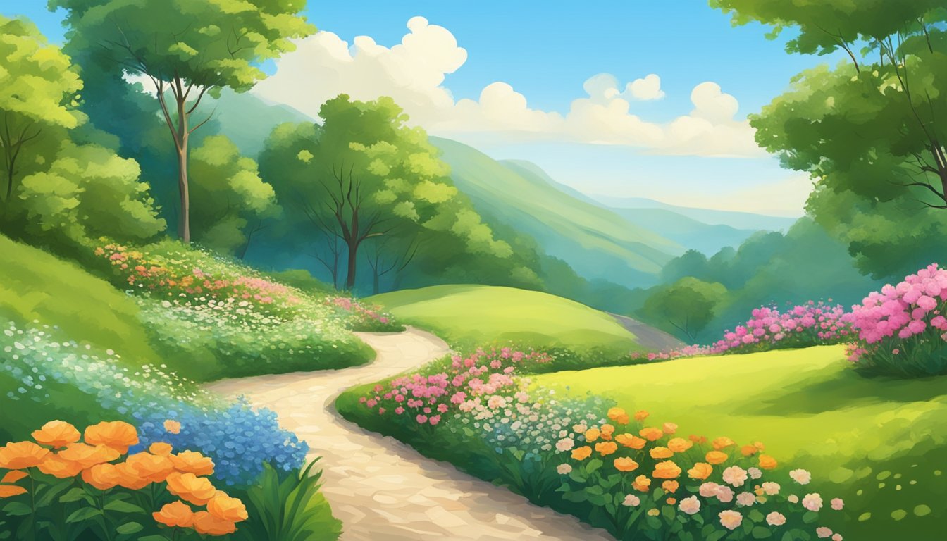 A serene landscape with a winding path leading into the distance, surrounded by lush greenery and vibrant flowers, under a clear blue sky