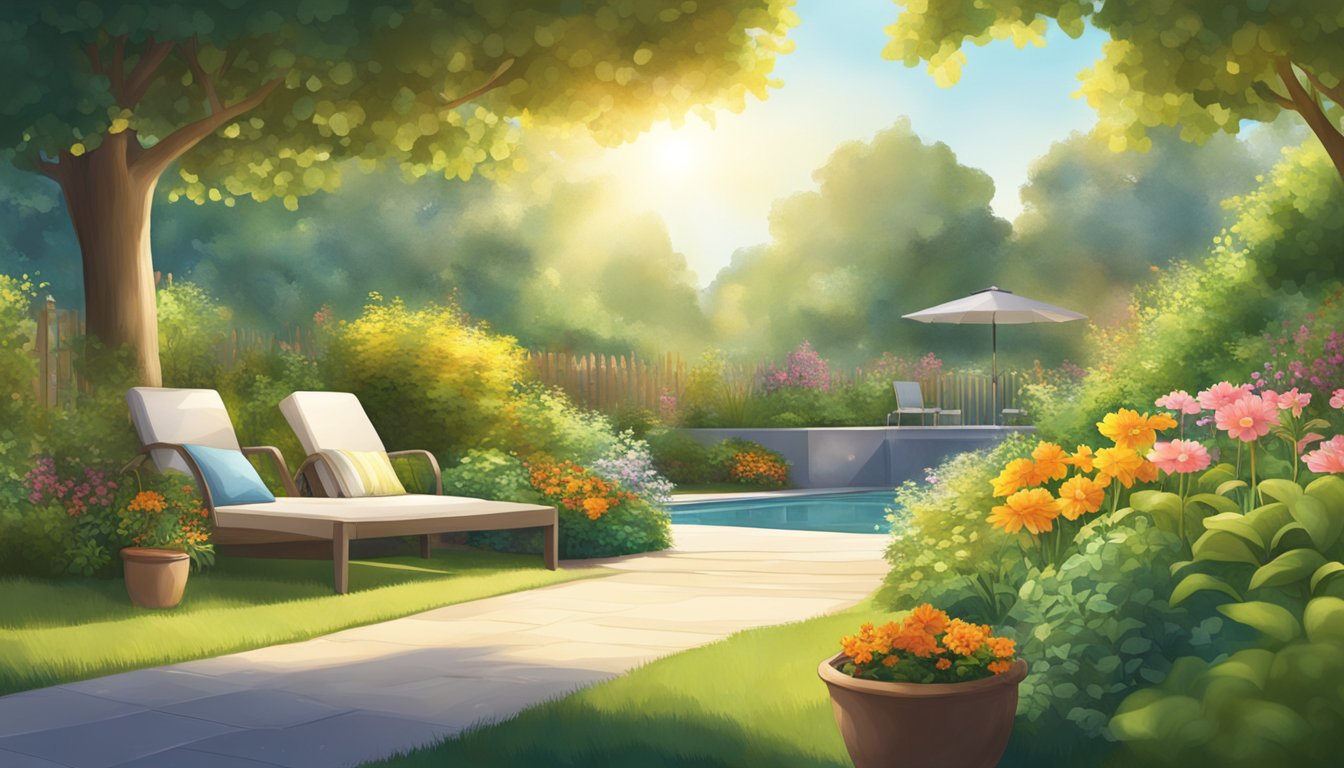 A serene outdoor setting with a personified sun, smiling and shining down on a peaceful garden with healthy, vibrant plants and a balanced, harmonious environment