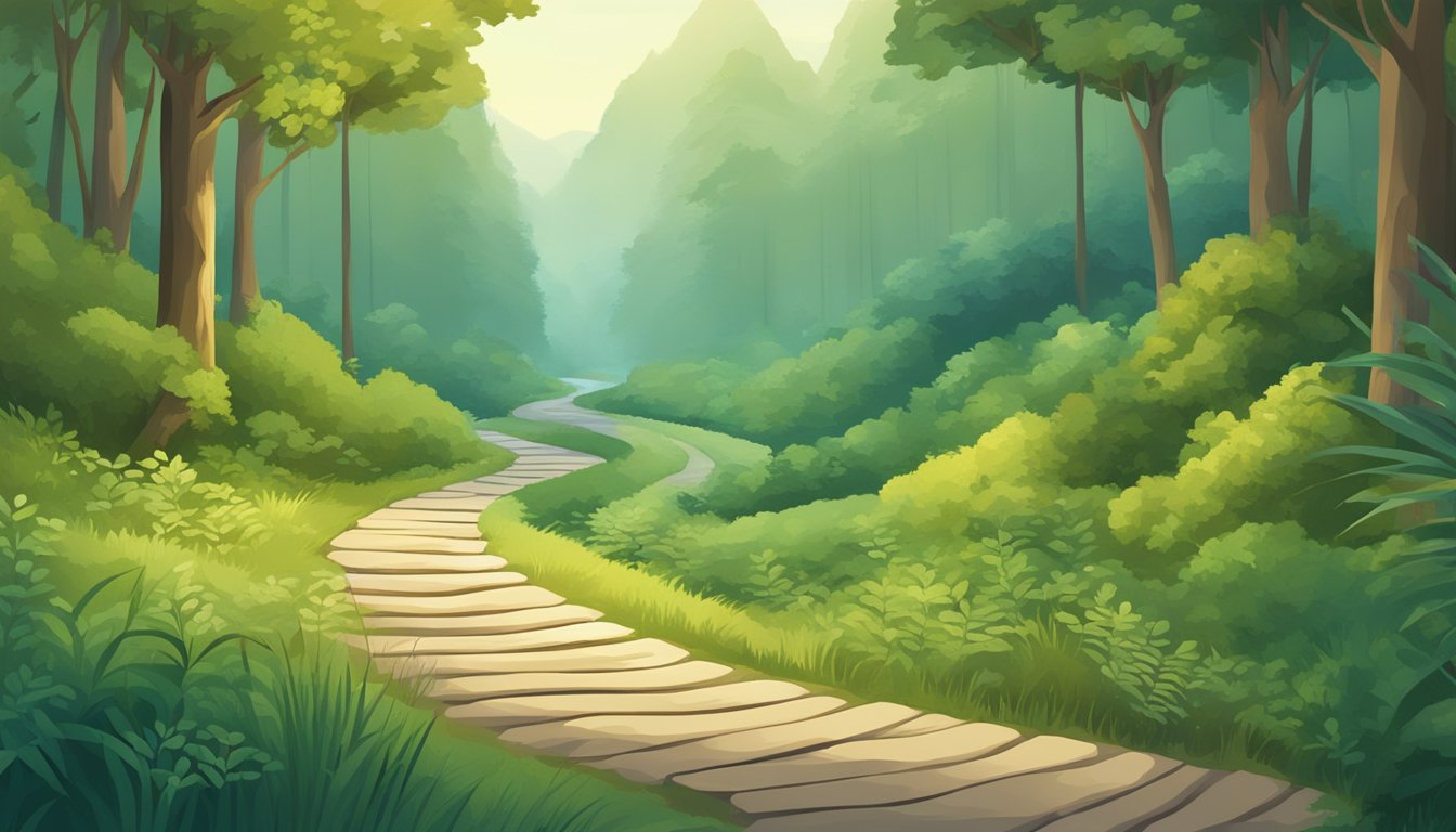 A serene nature scene with a winding path leading through a lush forest, symbolizing the journey of monitoring and adapting a treatment plan while incorporating lifestyle changes that complement Ozempic treatment