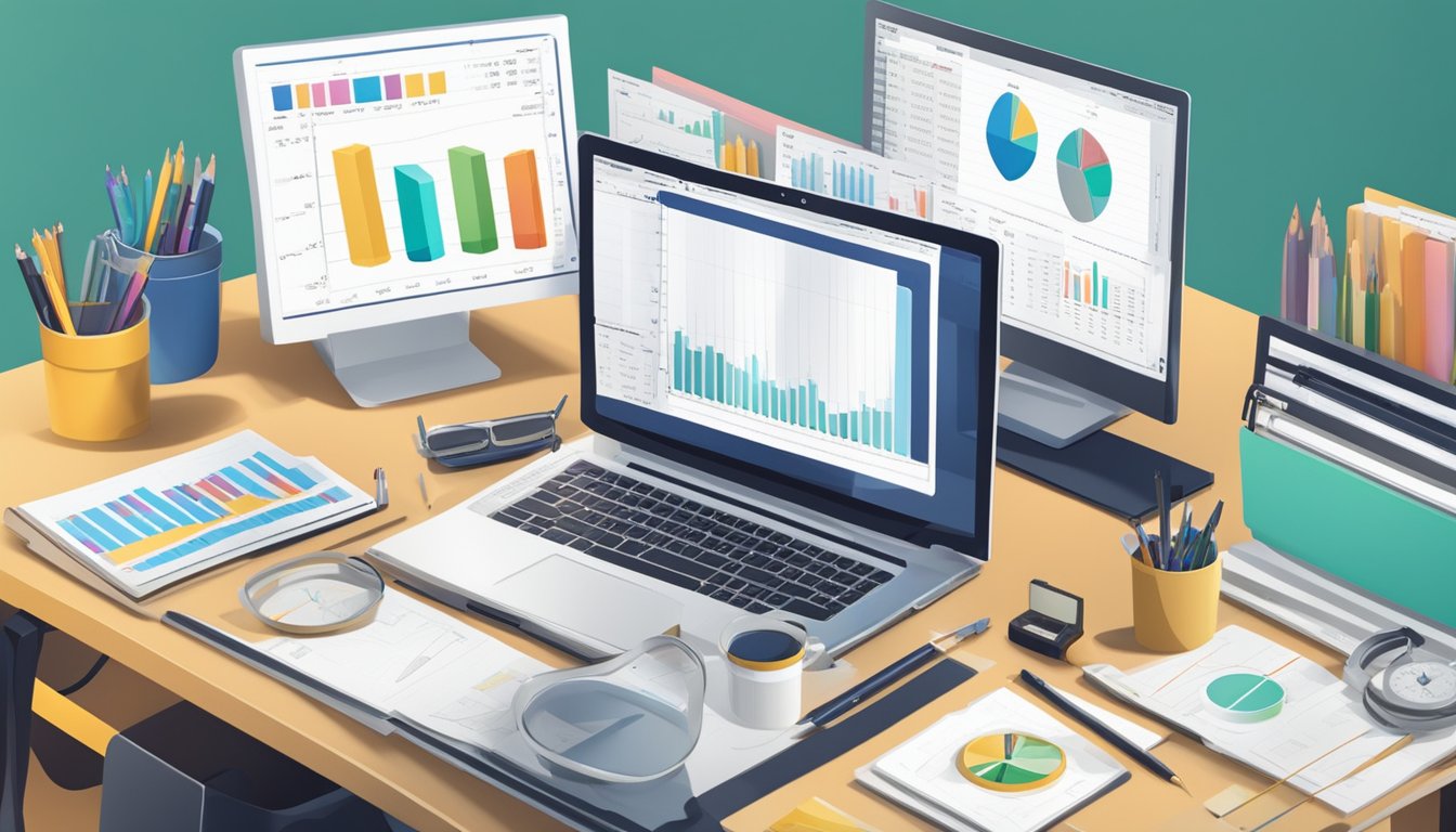 A person analyzing charts and graphs on a computer screen, surrounded by notebooks and pens, with a scale and measuring tape nearby