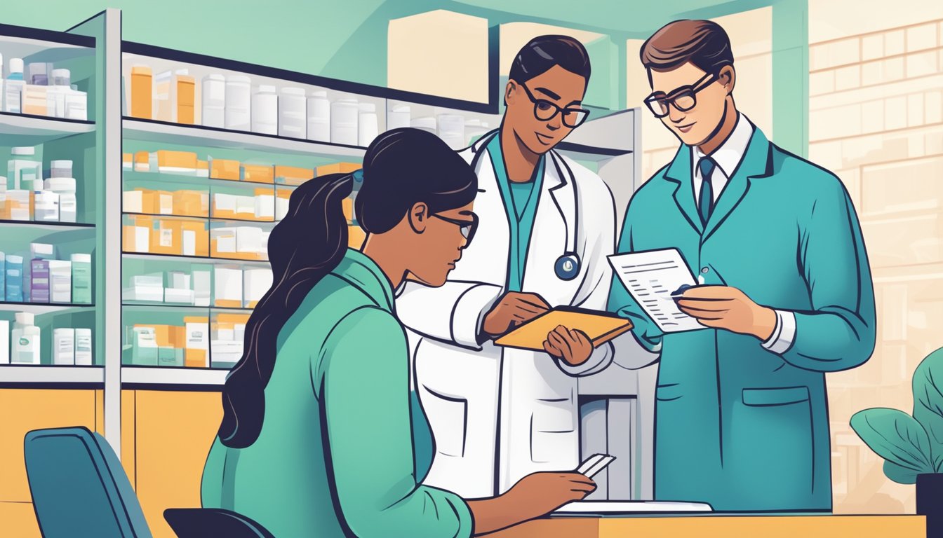 A pharmacist filling a prescription for Saxenda while a patient discusses pricing with a financial advisor