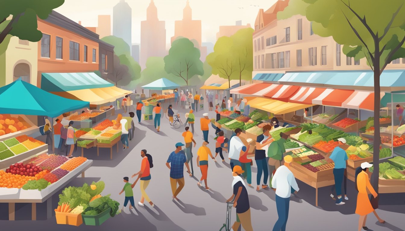 A vibrant, bustling farmers market with fresh produce and a variety of healthy food options, surrounded by people engaging in physical activity like walking and cycling