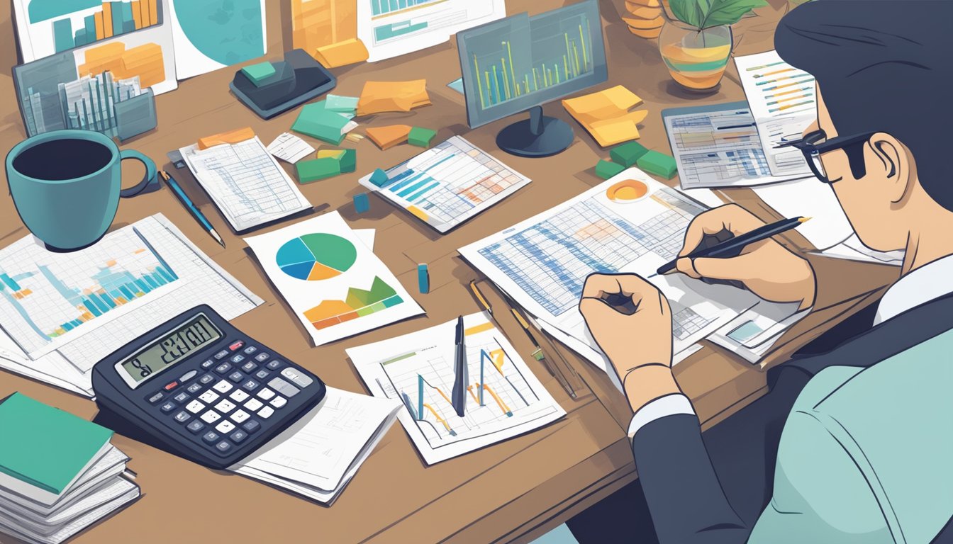 A person sitting at a desk with a calculator and paperwork, surrounded by charts and graphs related to the cost of Saxenda treatment