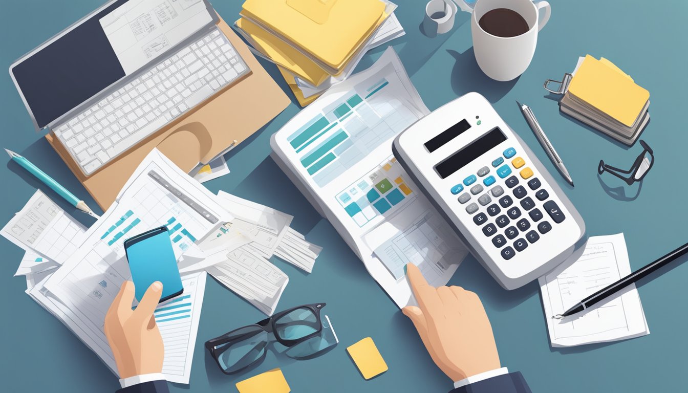 A person researching insurance and Saxenda coverage, with a calculator and budgeting notes spread out on a desk