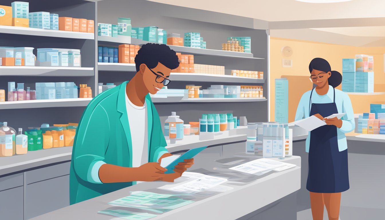 A person standing at a pharmacy counter, holding a prescription for Saxenda while looking at a budgeting spreadsheet with various costs and assistance programs listed