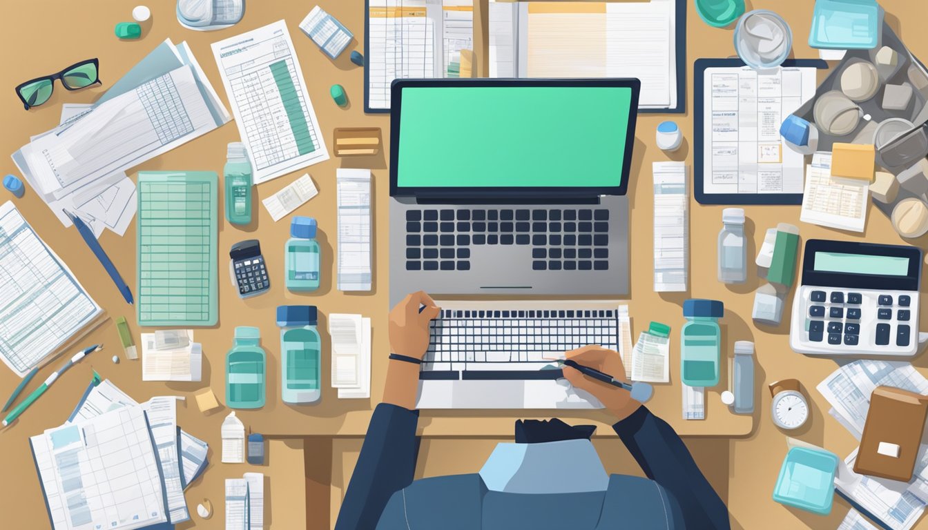 A person sitting at a desk with a calculator and budgeting spreadsheets, surrounded by medical documents and pill bottles