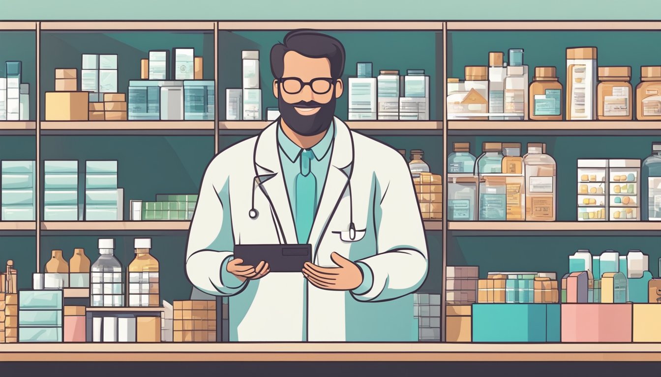 A pharmacy counter with a pharmacist handing over a box of medication to a customer. The customer is holding a wallet, indicating a transaction