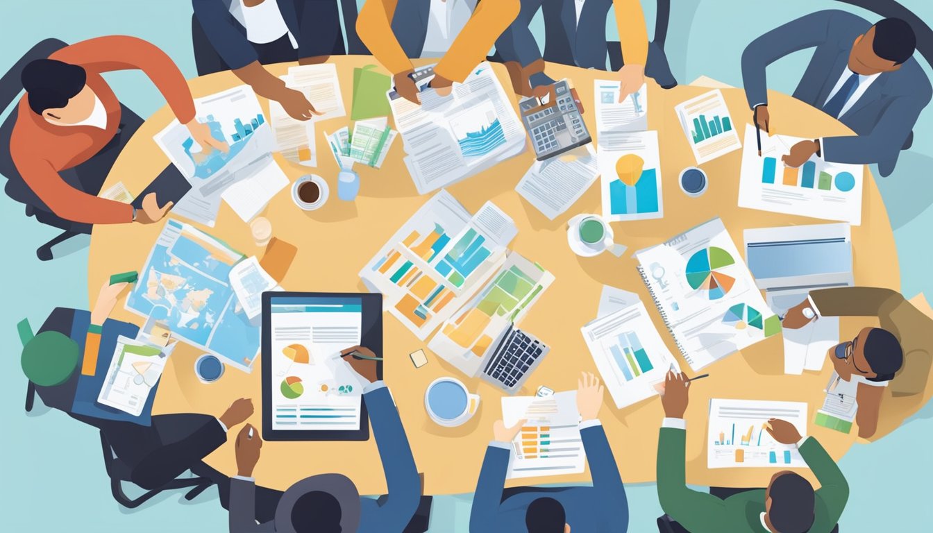 A diverse group of people from different countries are gathered around a table, discussing budgeting and cost factors for Saxenda treatment. The table is covered with charts, graphs, and financial documents