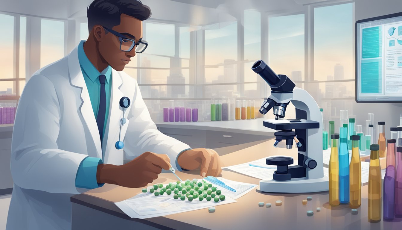 A scientist in a lab coat examines vials of Saxenda and hormone samples under a microscope, with FDA approval documents in the background