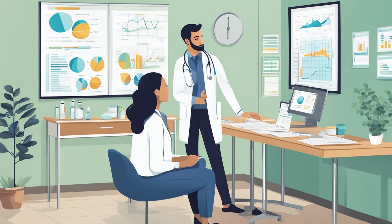 A doctor discussing Saxenda and hormones with a patient in a medical office. Charts and diagrams on the wall illustrate the connection