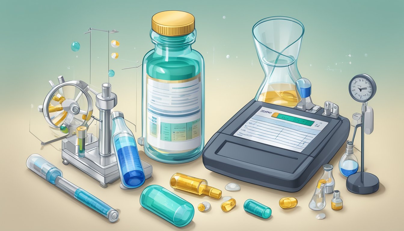 A vial of Saxenda surrounded by scientific equipment and a diagram of liraglutide's mechanism of action for weight loss