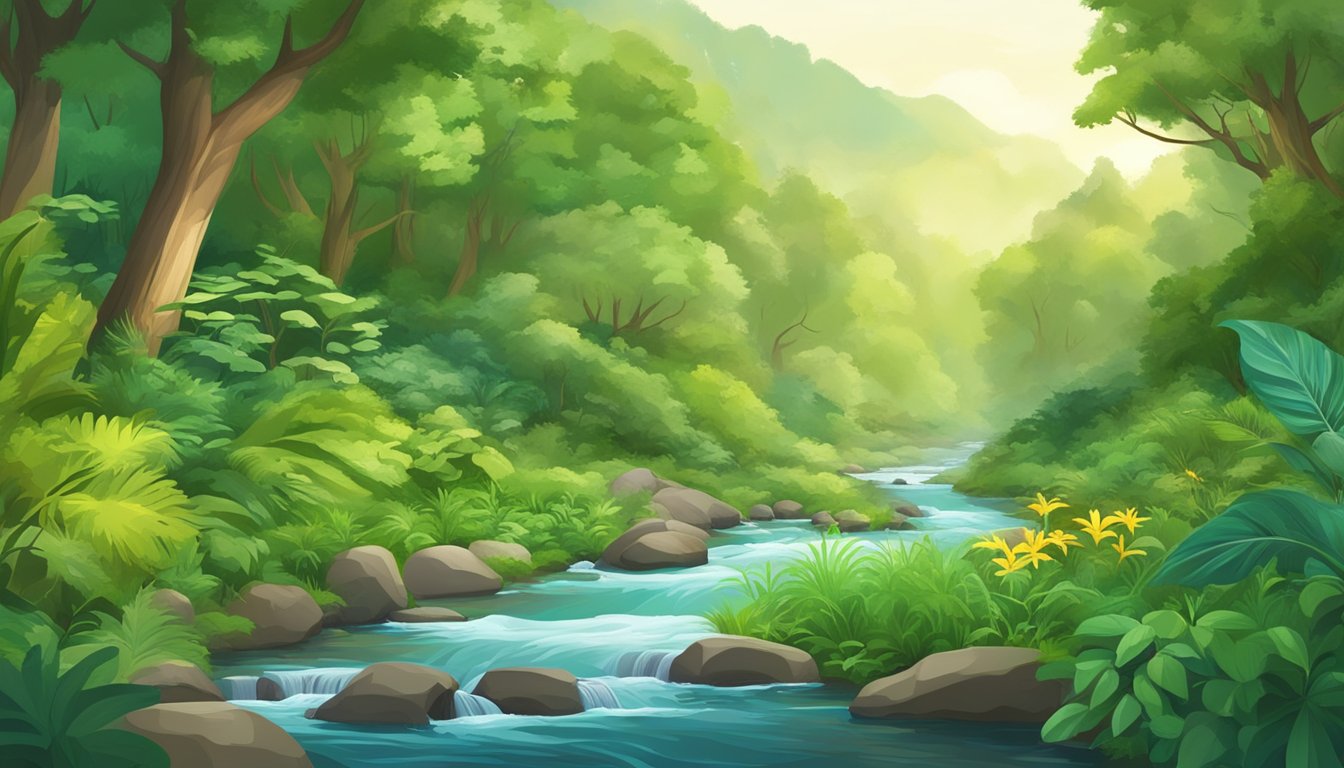 A lush green forest with a clear stream flowing through, surrounded by diverse wildlife and vibrant plant life