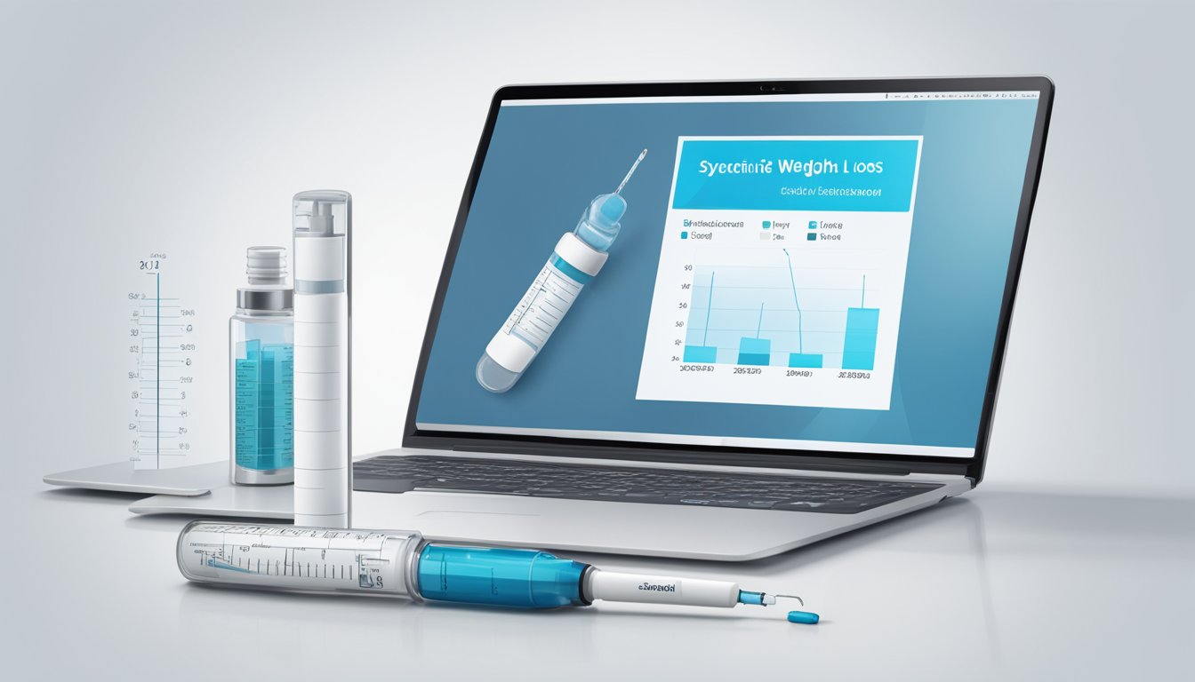 A vial of Saxenda sits on a clean, white surface next to a syringe. A scientific diagram of liraglutide's weight loss mechanism is displayed on a nearby computer screen