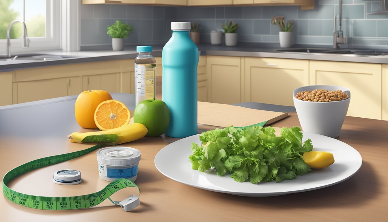 A kitchen counter with a bottle of Saxenda next to a plate of healthy food and a measuring tape. A scale sits in the background