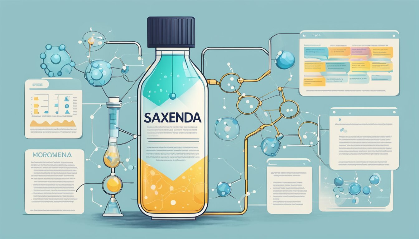 A vial of Saxenda surrounded by hormone molecules, with a diagram showing the connection between hormonal and metabolic regulation