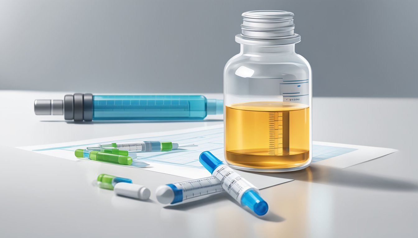 A vial of Saxenda sits next to a syringe on a clean, white surface. A scientific diagram of liraglutide's weight loss mechanism is displayed in the background