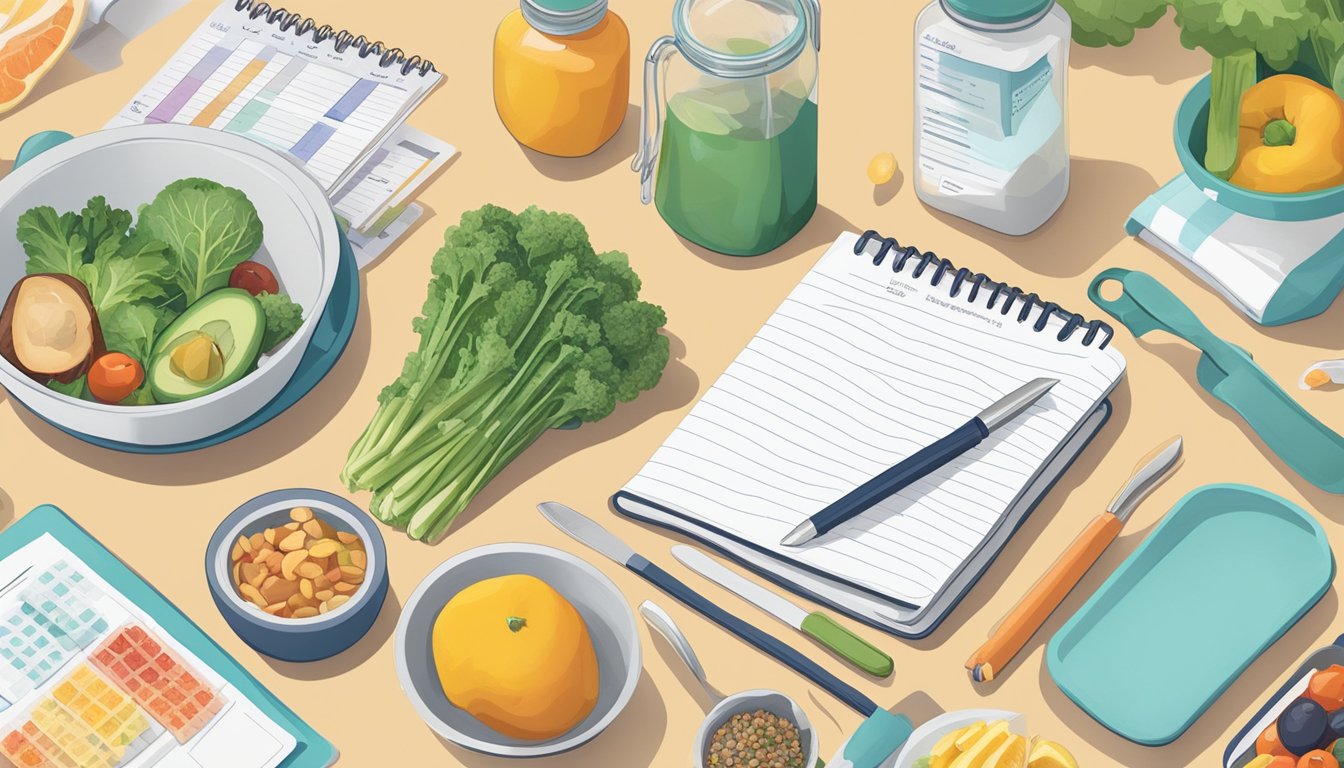 A kitchen counter with a variety of healthy foods and a prescription bottle of Saxenda next to a journal tracking meals and appetite changes over the course of a week