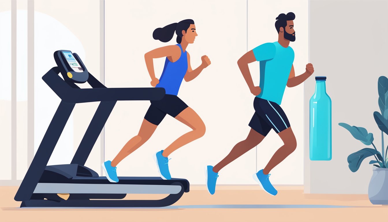 A person running on a treadmill while a bottle of Saxenda sits on a nearby table. The person looks energized and focused, with a clear sense of determination