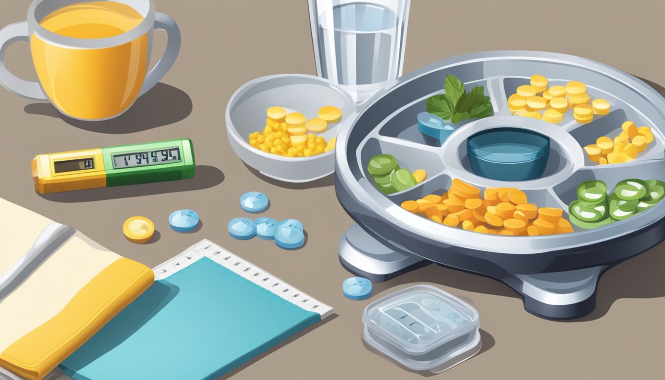 A kitchen table with a weekly pill organizer, a glass of water, and a plate of food. Scales and a tape measure nearby