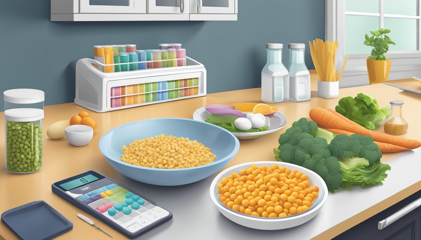 A kitchen counter with a weekly pill organizer filled with Saxenda doses, a scale, and a plate of healthy food