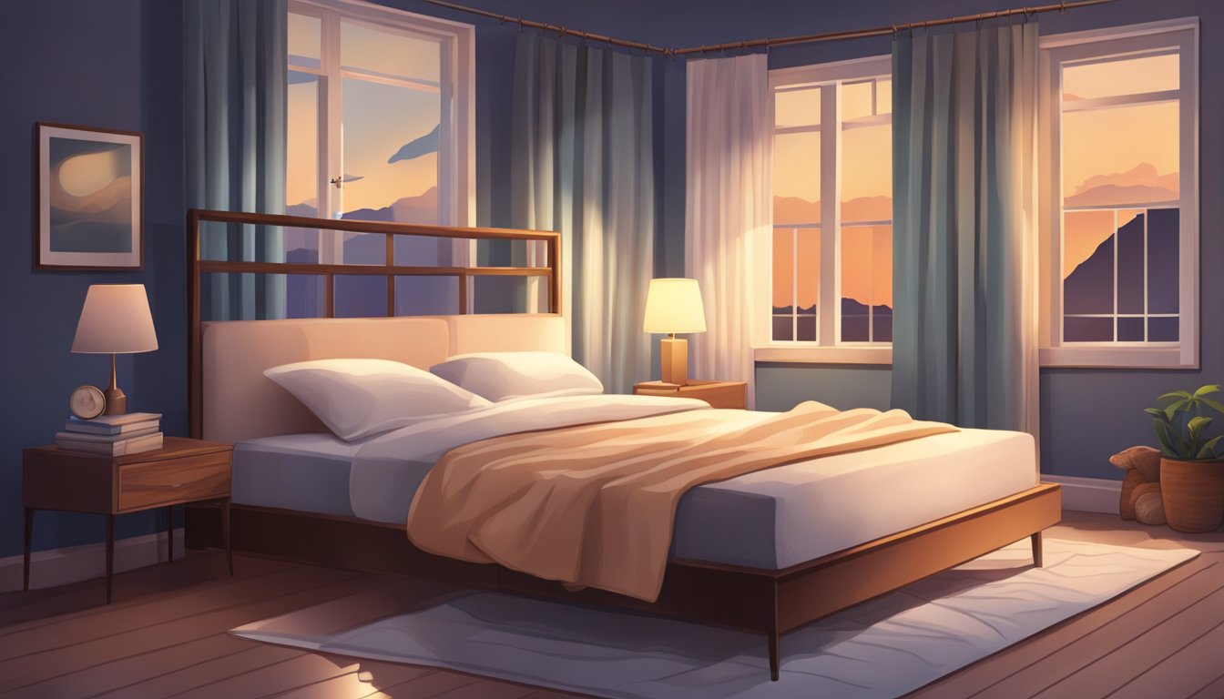 A peaceful bedroom with a cozy bed, a nightstand with a lamp, and a window with curtains drawn, all bathed in soft moonlight