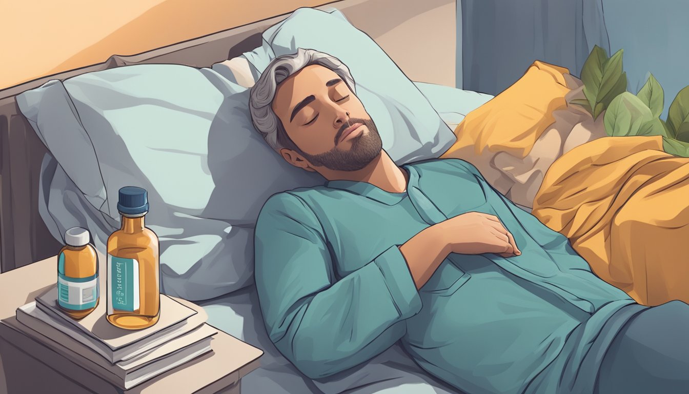 A person sleeping peacefully in bed, with a bottle of Saxenda and a healthcare professional nearby offering guidance