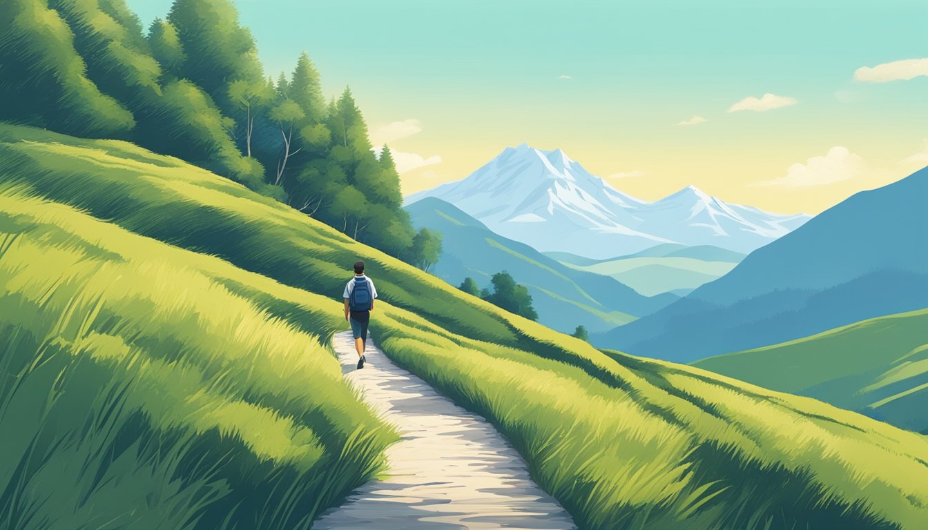 A person walking on a path with a mountain in the background, surrounded by greenery and a clear blue sky