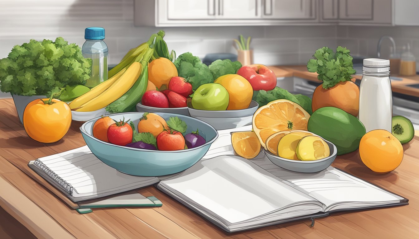 A kitchen counter with fresh fruits, vegetables, and a water bottle. A yoga mat and running shoes nearby. A journal with healthy recipes and a bottle of Saxenda on the table