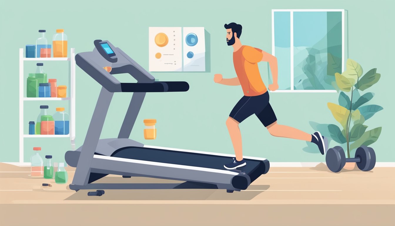 A person running on a treadmill with a vial of Saxenda and a set of dumbbells nearby, indicating the balance between medication and exercise