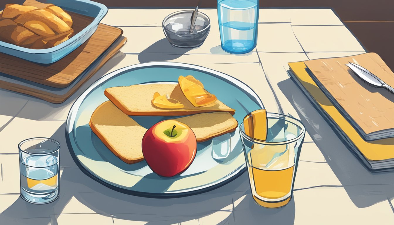 A kitchen table with a plate of food, a half-eaten apple, and a full glass of water. A journal and pen sit next to the plate, with a bottle of Saxenda medication in the background