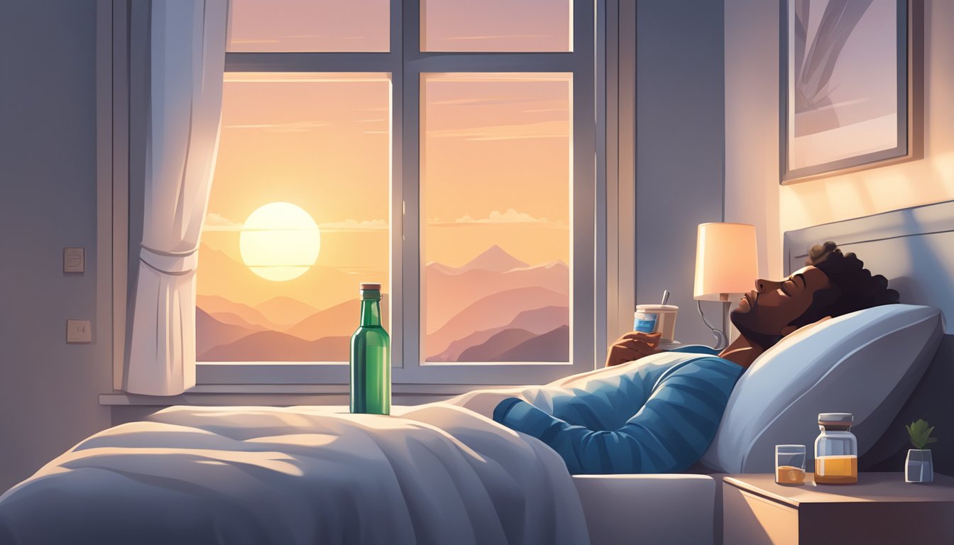 A person peacefully sleeping in bed, with a bottle of Saxenda medication on the bedside table. Sunrise light filters through the window