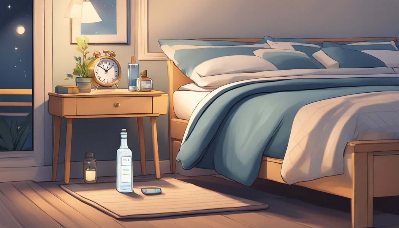 A serene bedroom with a nightstand holding a bottle of Saxenda, a cozy bed, and a clock showing different sleep patterns throughout the night