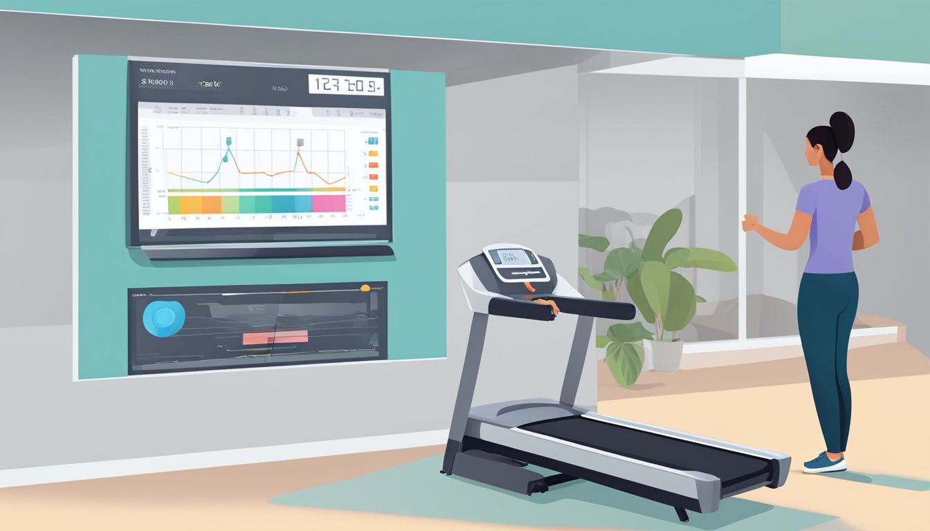 A scale and a treadmill side by side, with a figure adjusting the settings while looking at a progress chart