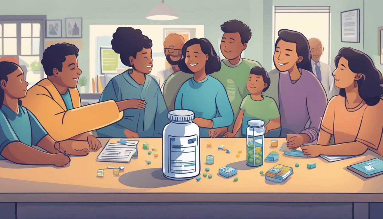 A person standing on a scale, surrounded by a supportive group of friends and family, while a prescription bottle of Saxenda sits on the table