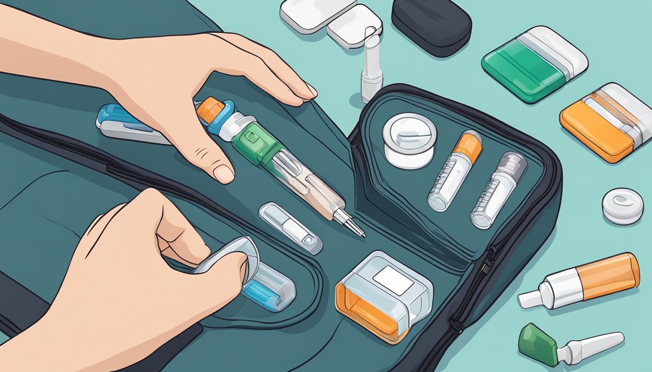 A person's hand reaching into a travel bag to retrieve a pre-filled Saxenda injection pen, alongside a small pill organizer and travel-sized sharps container