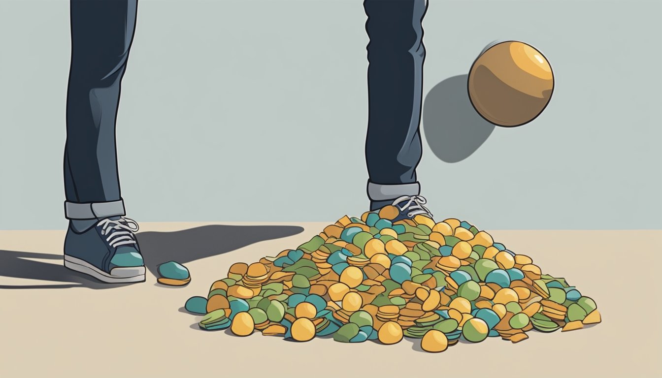 A person's shadow shrinking as they step on a scale, surrounded by empty food wrappers and a deflated balloon