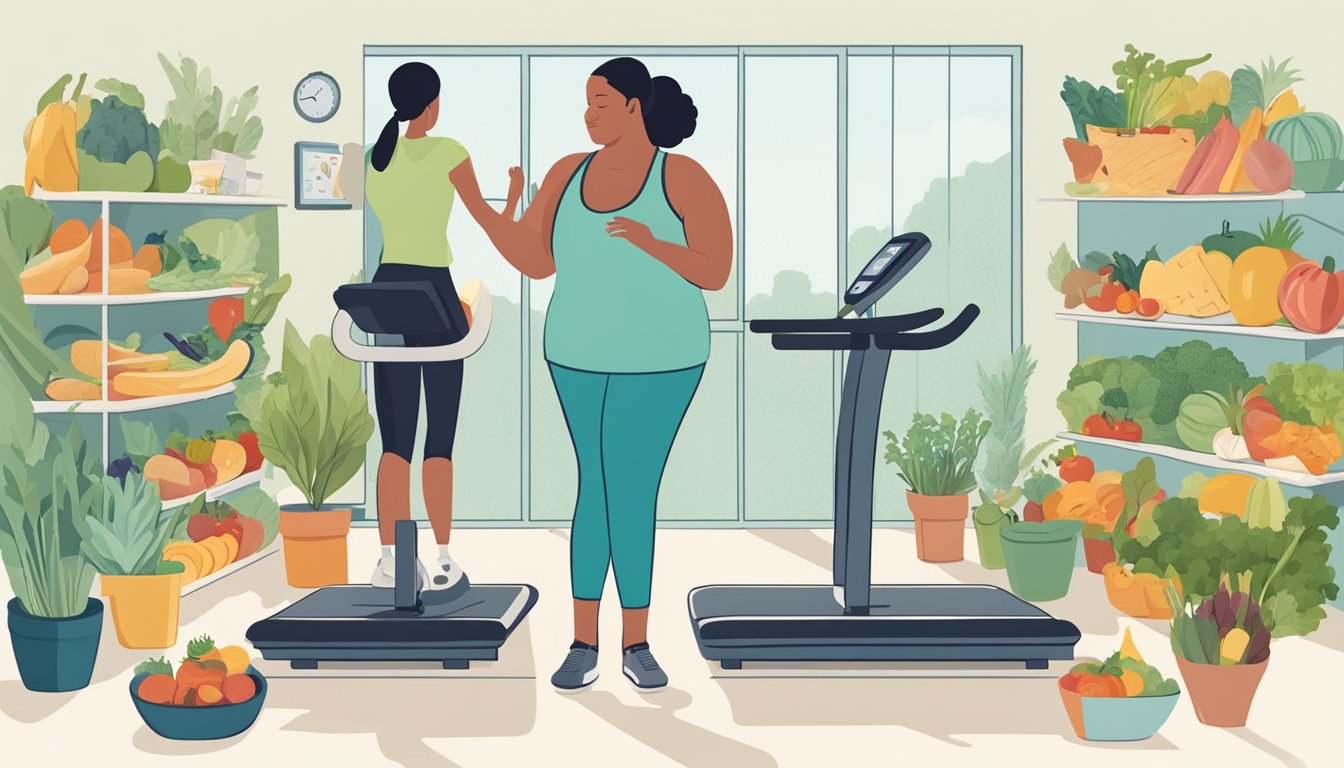 A person standing on a scale, surrounded by healthy food, exercise equipment, and a supportive friend offering encouragement