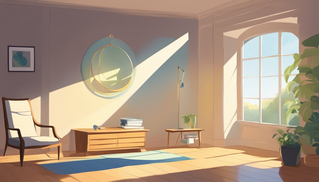 A serene, sunlit room with a scale, measuring tape, and a journal. A shadow of a figure cast on the wall, showing progress