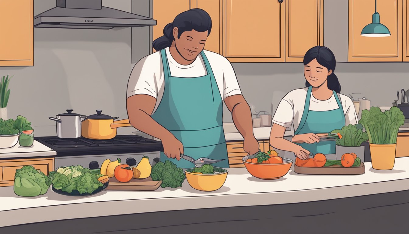 A person preparing healthy meals with a supportive friend nearby