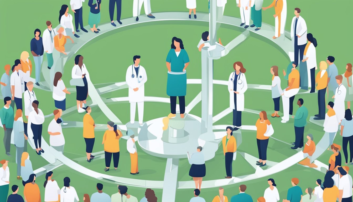 A person standing on a scale, surrounded by a supportive network of friends, family, and healthcare professionals