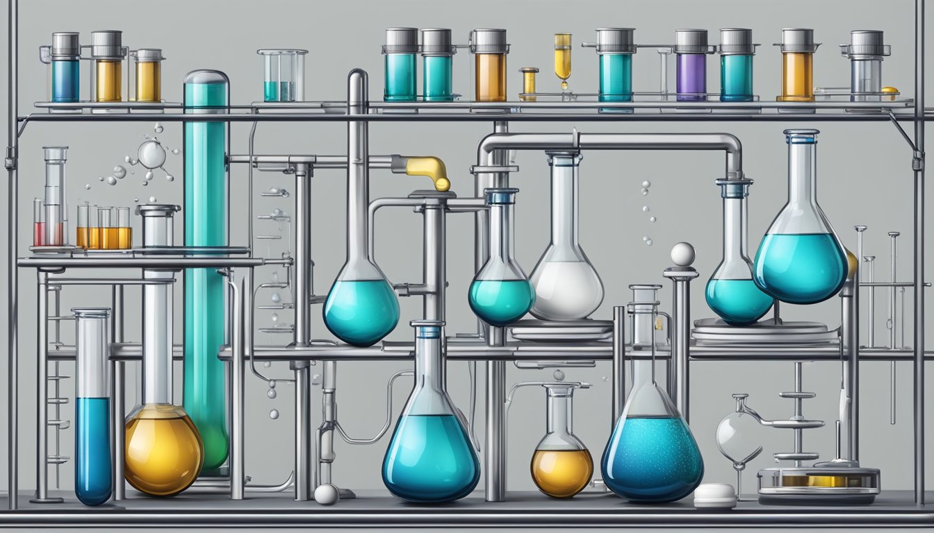 A laboratory setting with vials, test tubes, and scientific equipment, with a focus on a molecular structure of the primary component of Saxenda