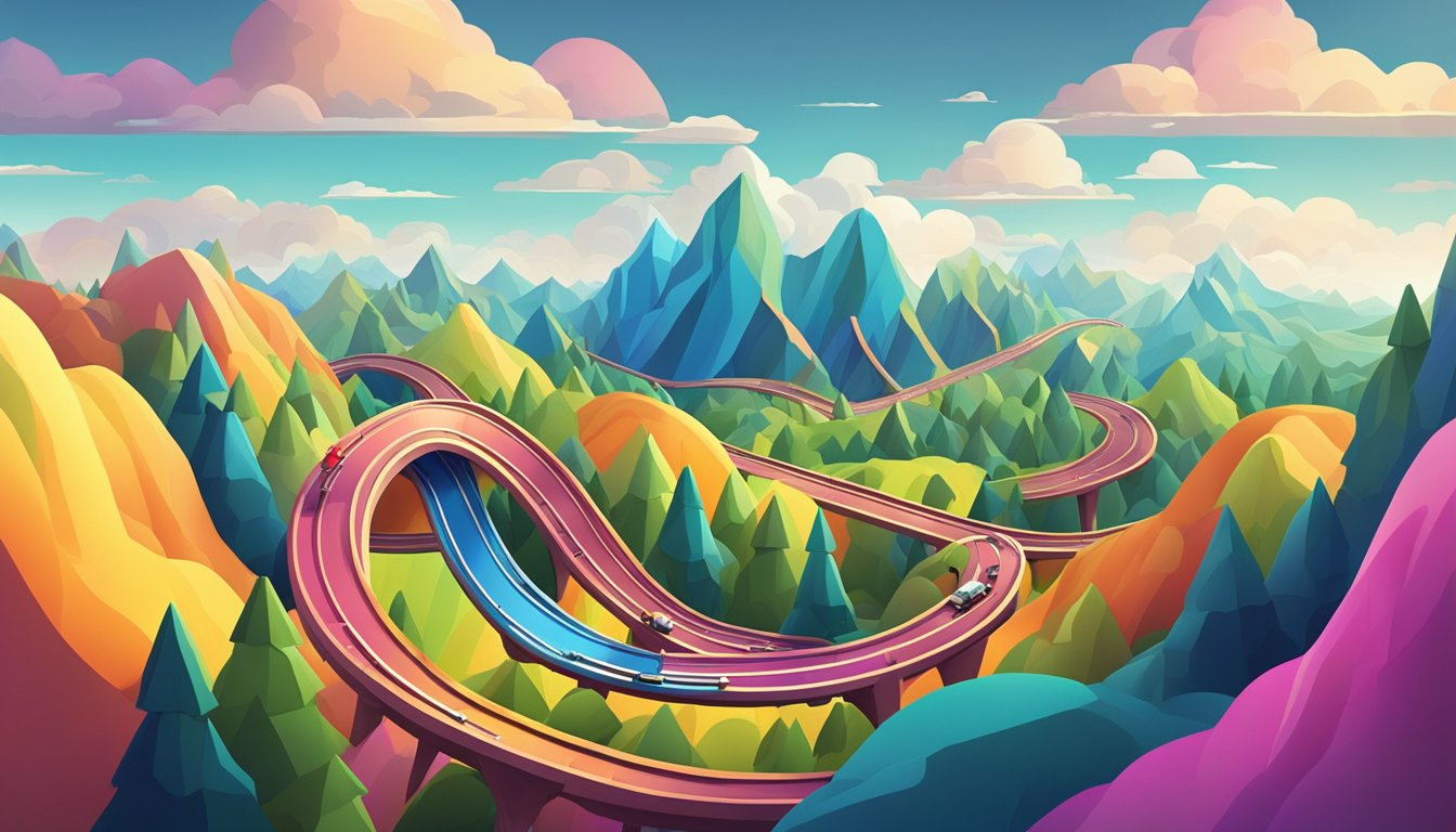 A rollercoaster track winding through a colorful landscape, with peaks and valleys representing mood changes. The track is surrounded by clouds and sunshine, symbolizing the emotional journey on Saxenda