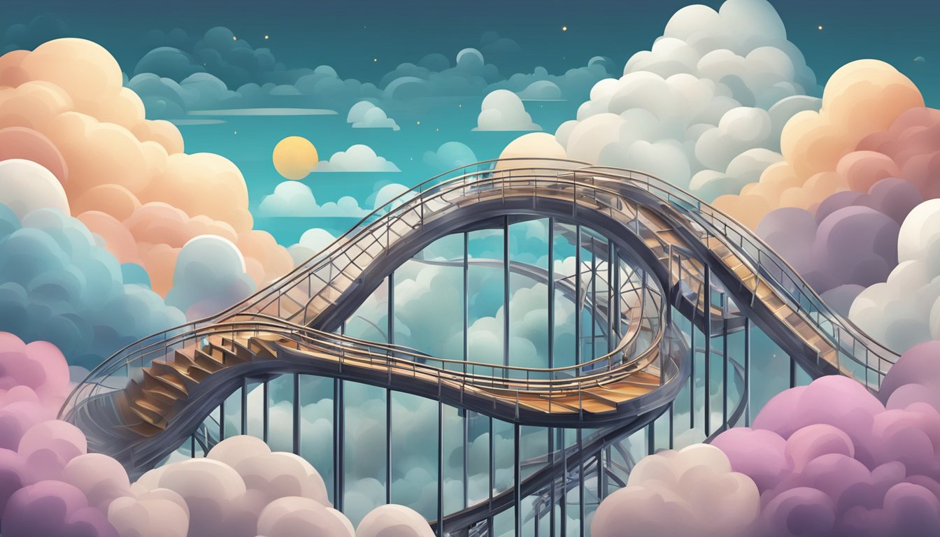 A rollercoaster track with sharp inclines and drops, surrounded by swirling clouds and changing weather to represent mood changes