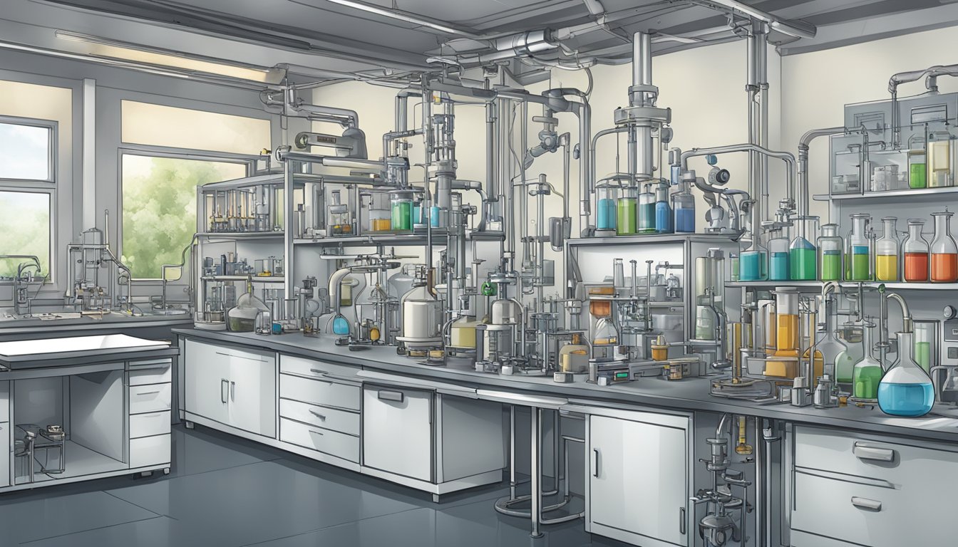 A scientific laboratory with various equipment and charts, showcasing the metabolic processes involved in Saxenda's mechanism