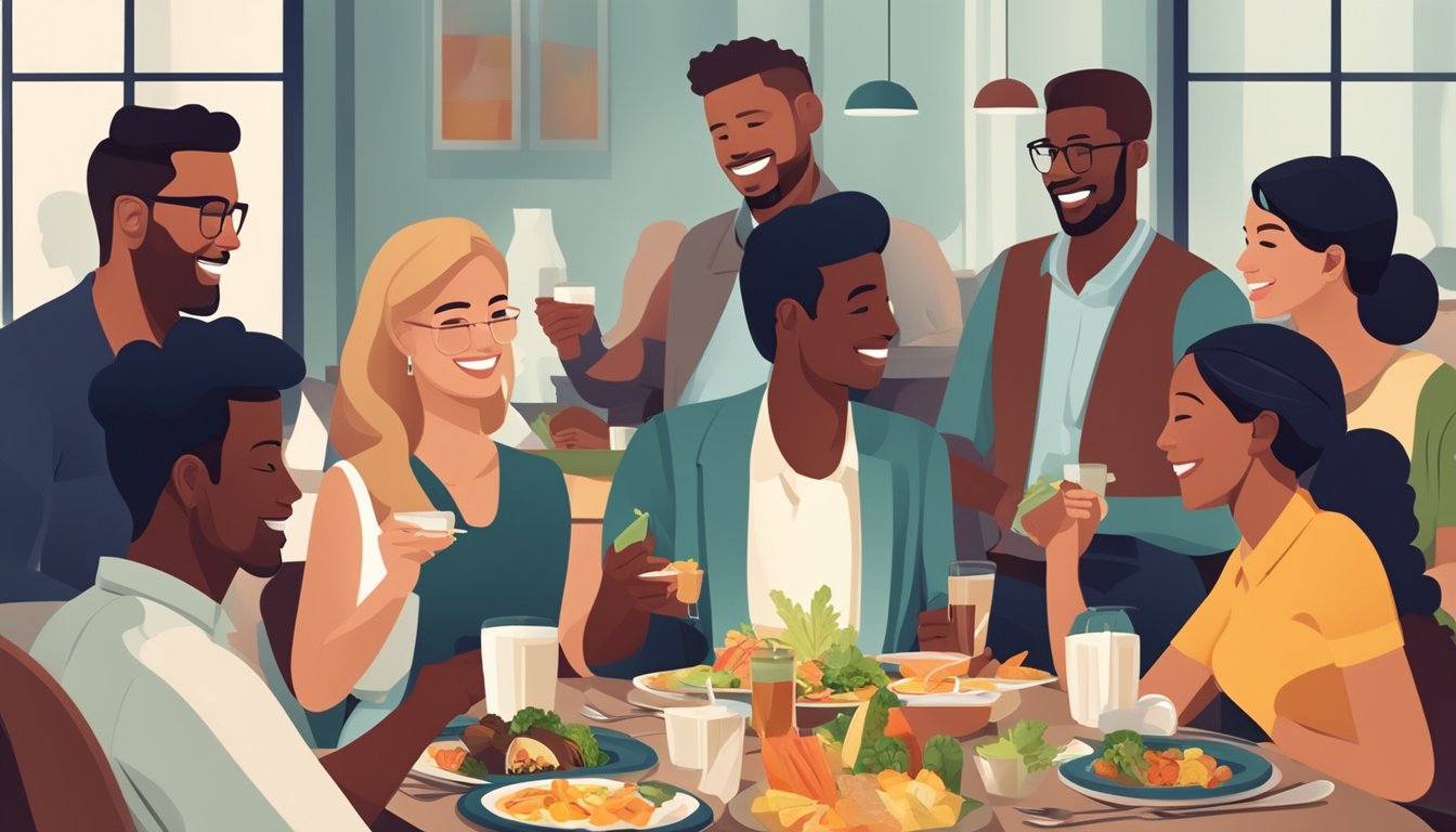 A group of diverse individuals enjoying a meal at a restaurant, with a variety of healthy food options on the table and a positive, social atmosphere