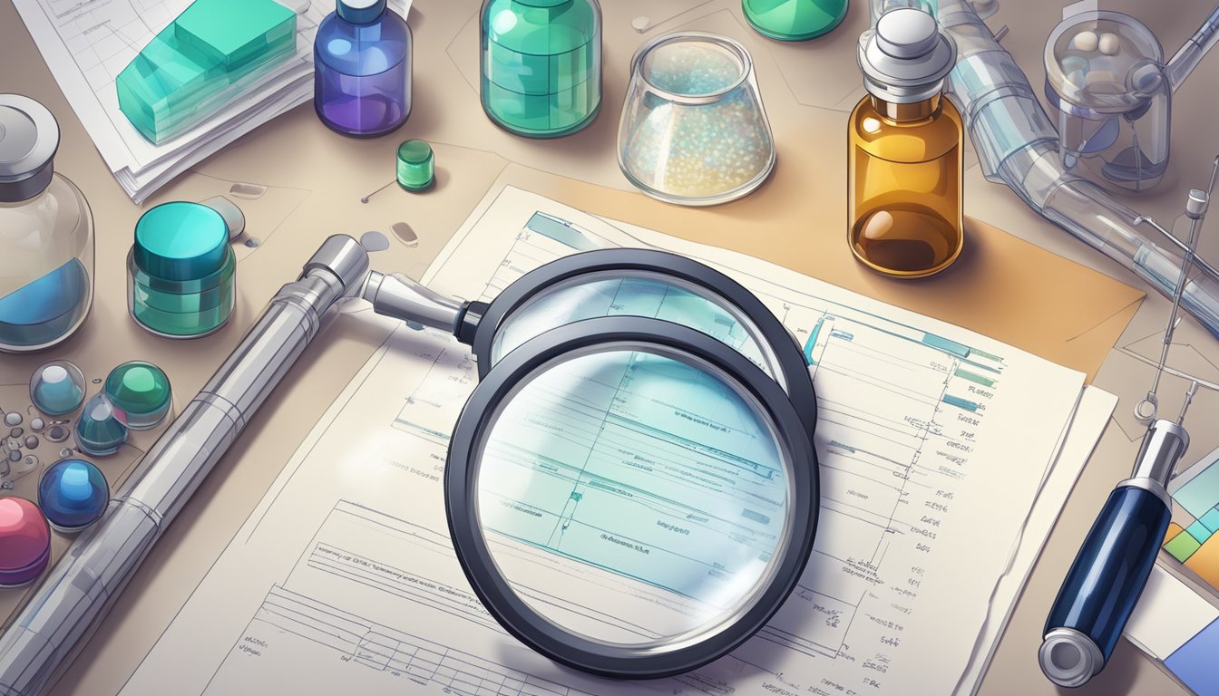 A vial of semaglutide, surrounded by scientific equipment and research papers, with a magnifying glass highlighting its molecular structure