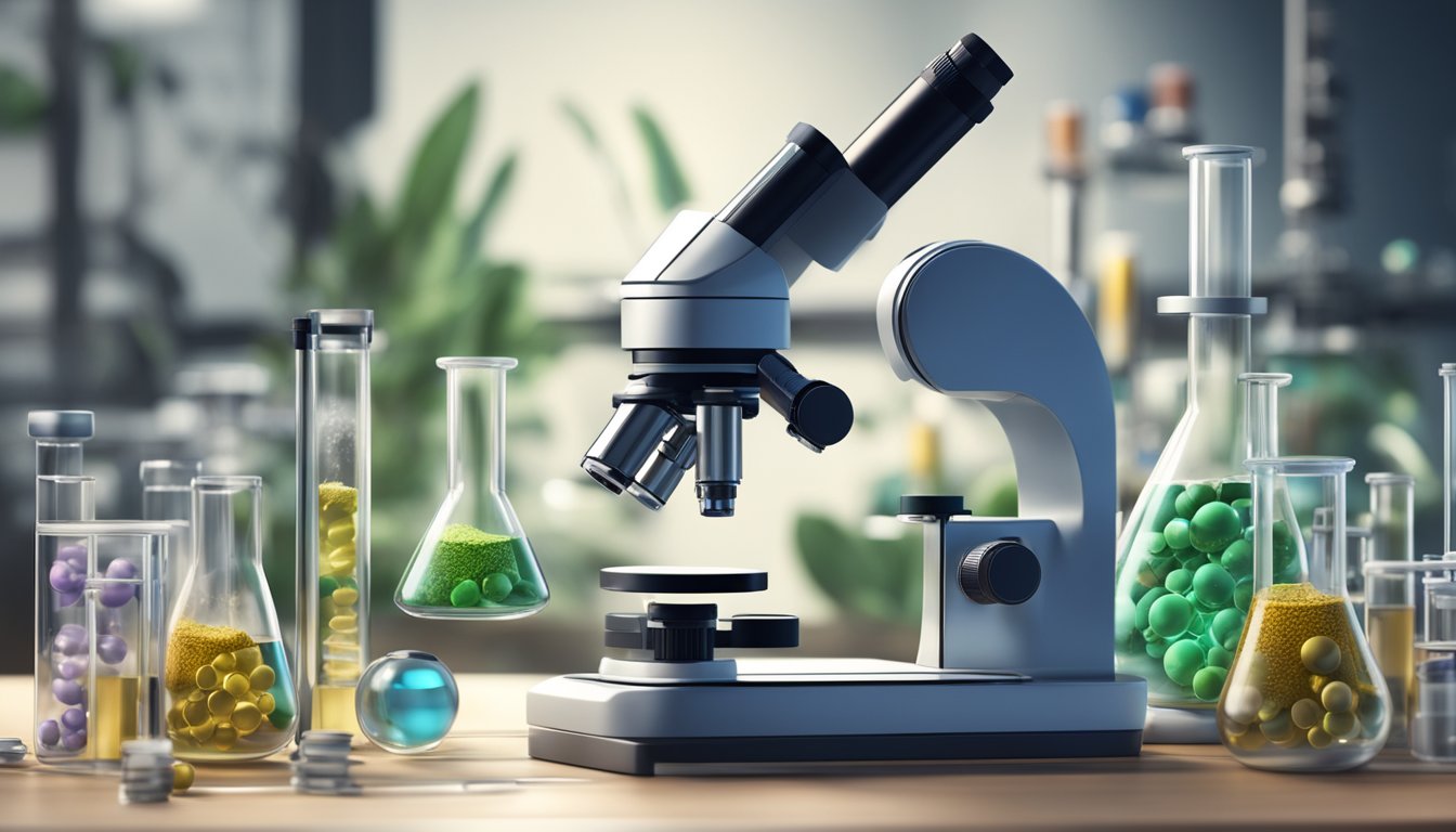 A laboratory setting with a microscope, test tubes, and scientific equipment, with a focus on the molecular structure of Saxenda and its impact on the body's mechanisms